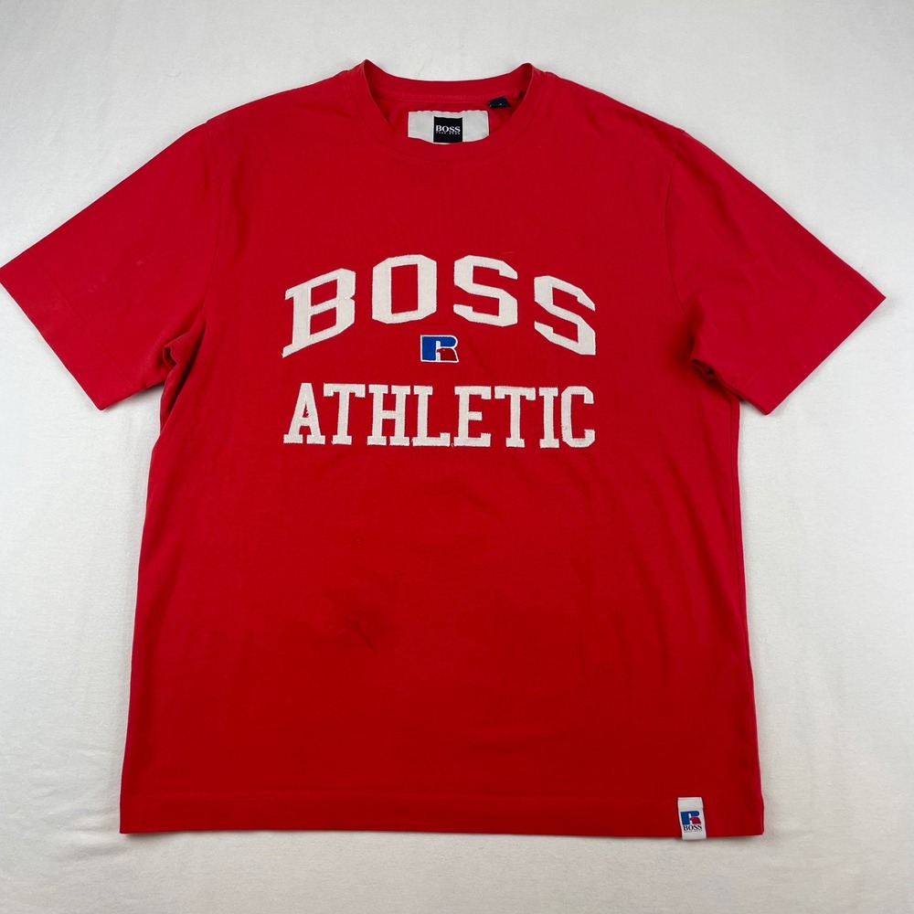Hugo Boss x Russell Athletic Mens Red Graphic T-Shirt Medium Collegiate Logo